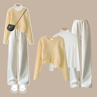 Autumn and Winter Set Women's 2024 New Korean Knitted Sweater Women's Underlay Casual Pants Three Piece Set Winter Clothes Women AMAIO