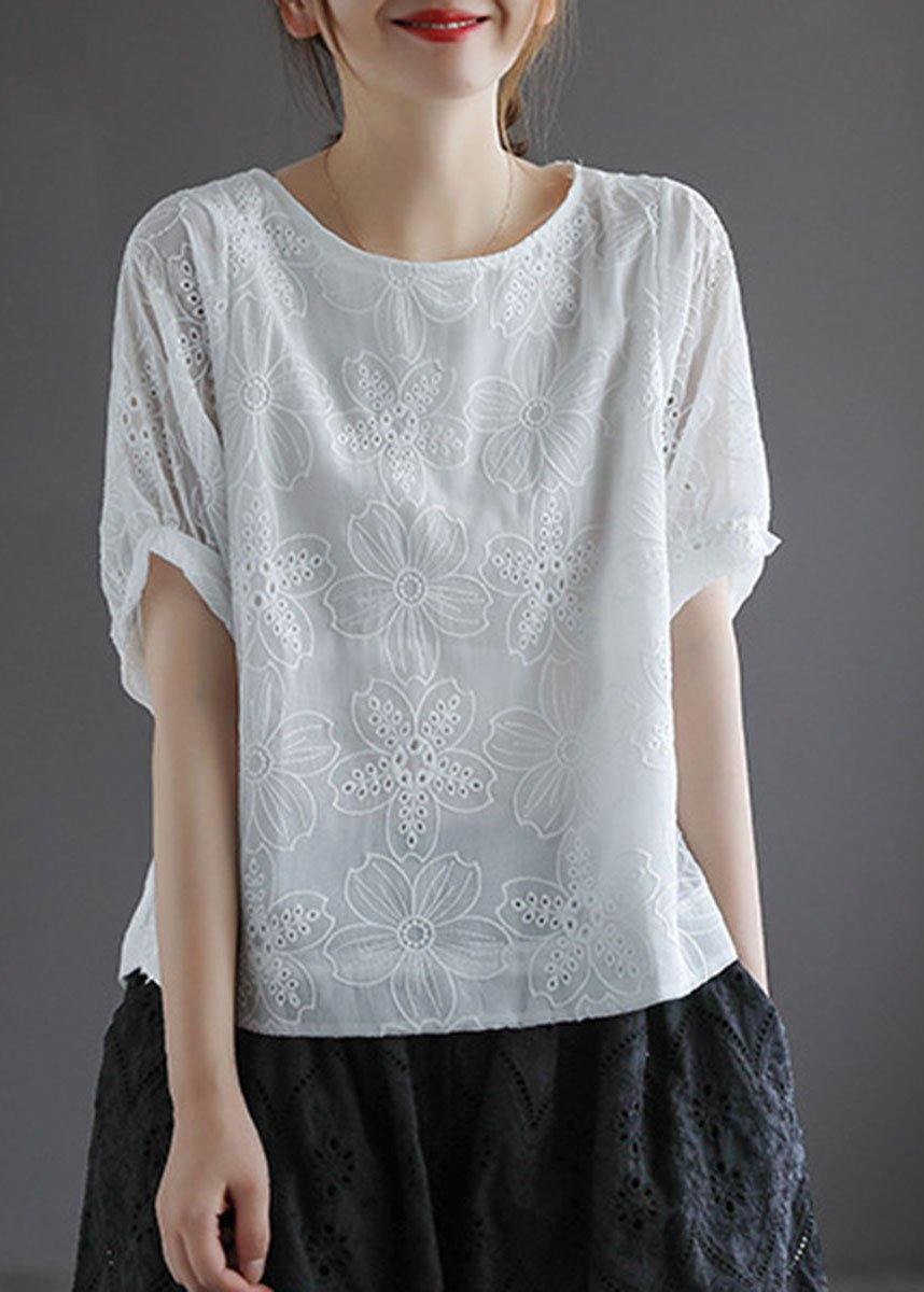 Bohemian White O-Neck Hollow Out Summer Retro Half Sleeve Top - SooLinen