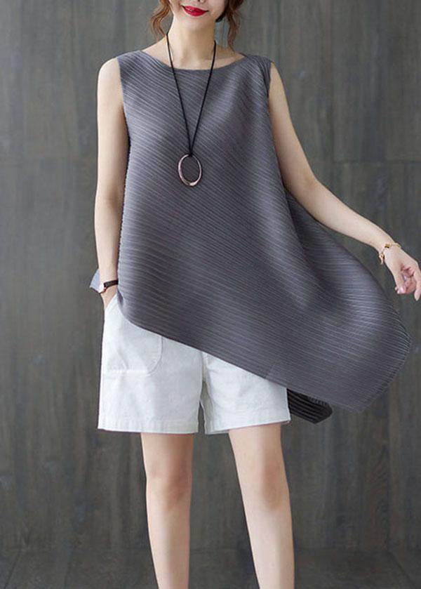 Elegant Grey Sleeveless Chiffon Summer Shirt - SooLinen