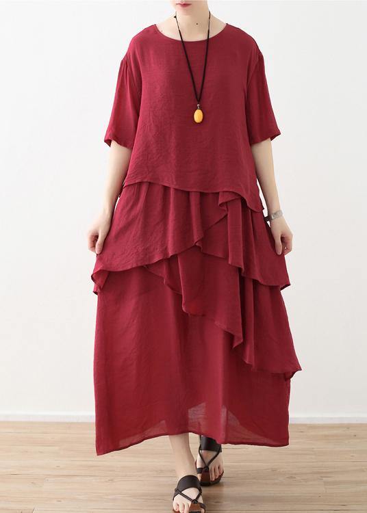 French Red asymmetrical Design Patchwork Cotton Linen Dress - SooLinen