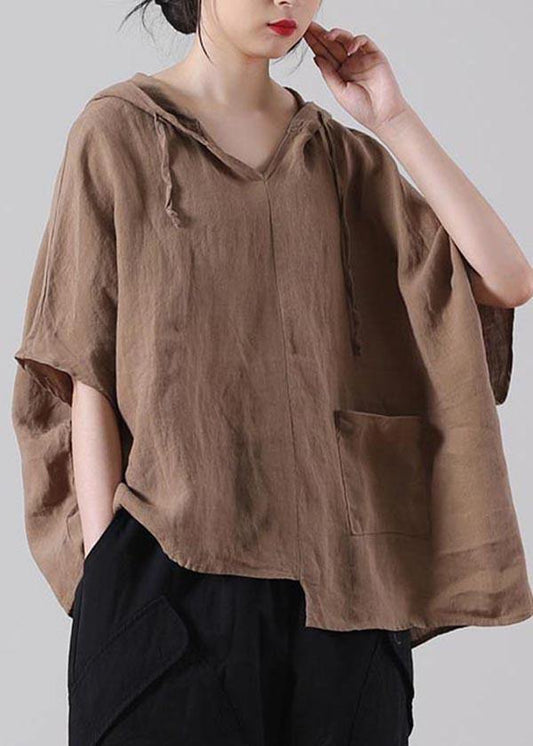 Handmade Khaki Loose Cotton Linen Shirt Tops Summer - SooLinen