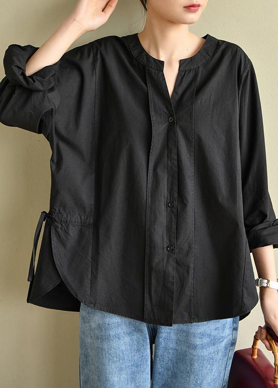 Natural Button Down Black V Neck Tops - SooLinen