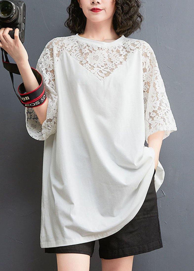 Plus Size White Patchwork Lace O-Neck Cotton Tee Summer - SooLinen