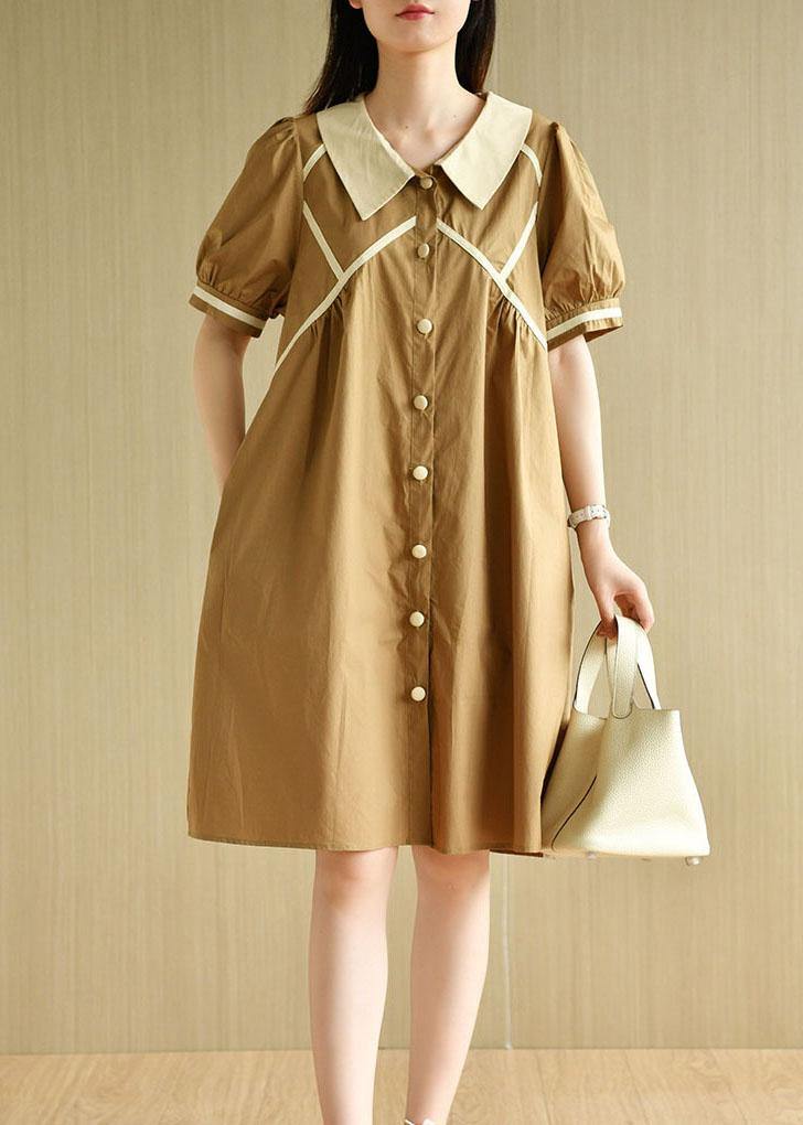 Women Khaki Loose Puff Sleeve A Line Summer Cotton Dress - SooLinen