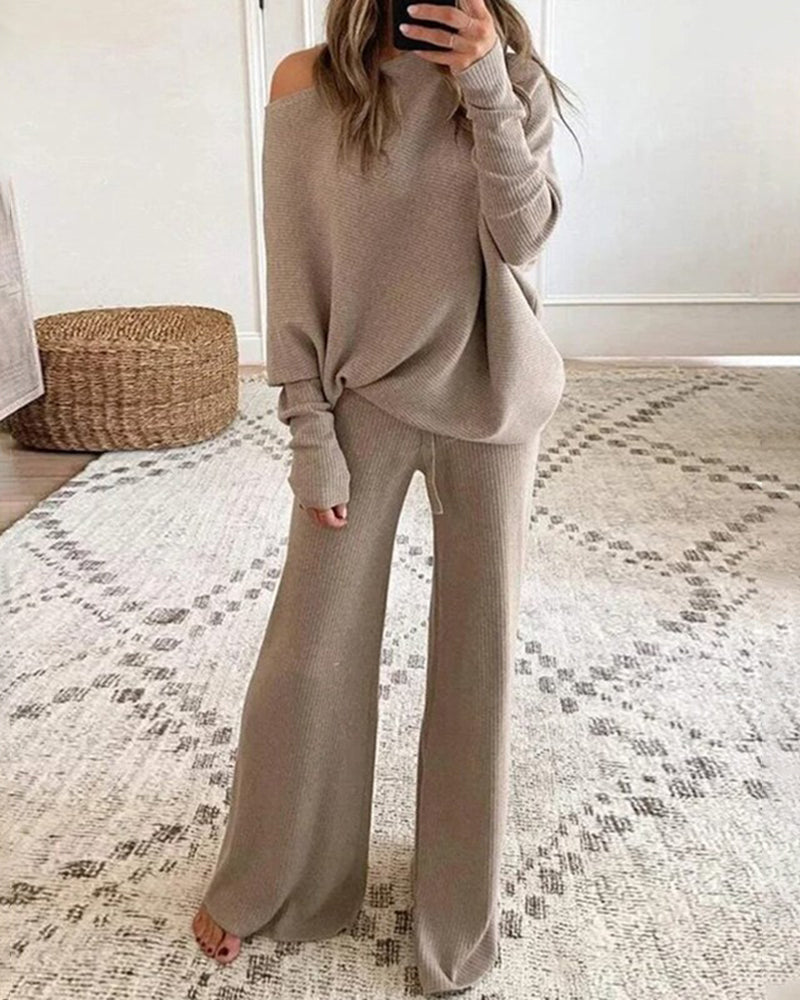 two piece sweatsuit lone sleeve knit sweater wide leg pants outfits loungewear set