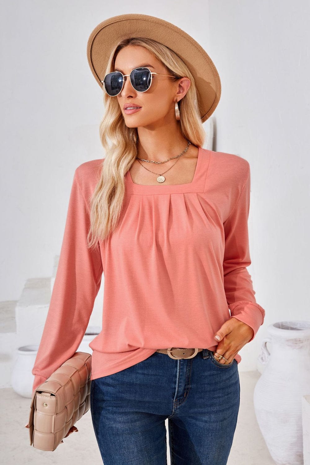 Trendsi top Gypsy Space Square Neck Ruched Long Blouse