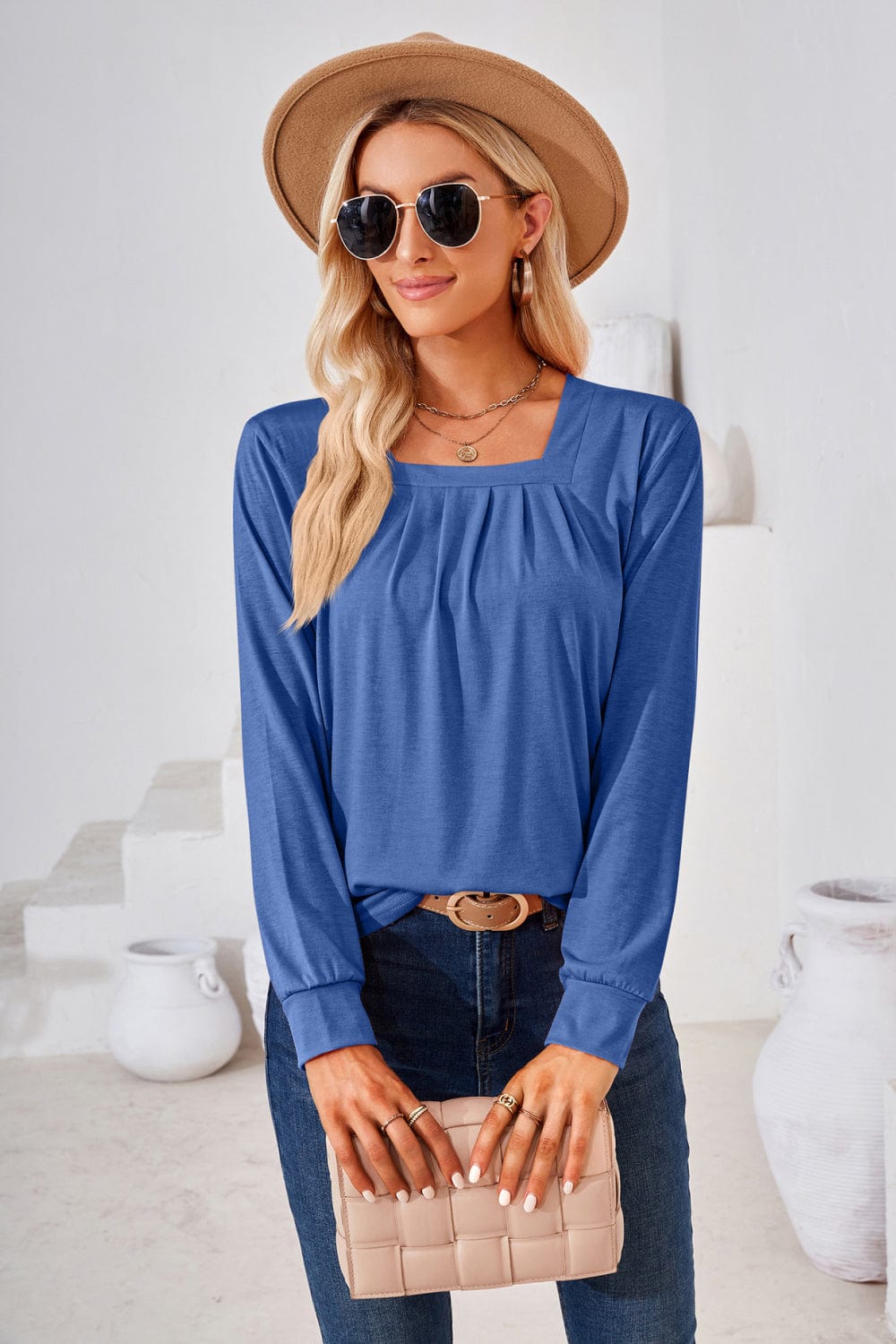 Trendsi top Gypsy Space Square Neck Ruched Long Blouse