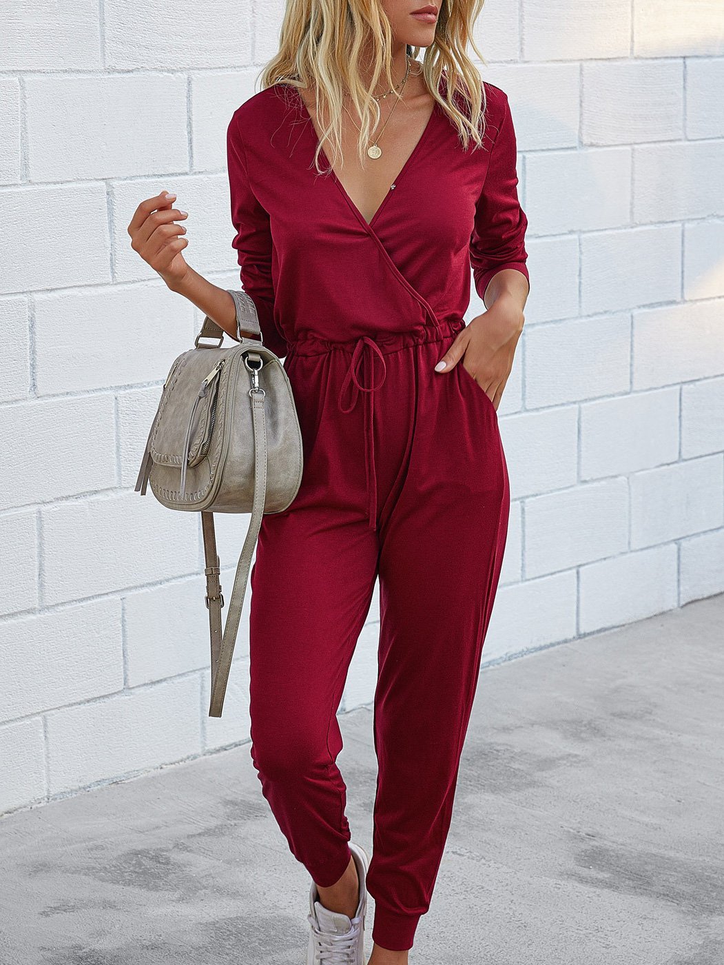 Women's Jumpsuits Deep V-Neck Long Sleeve Slim Fit Jumpsuit - LuckyFash™